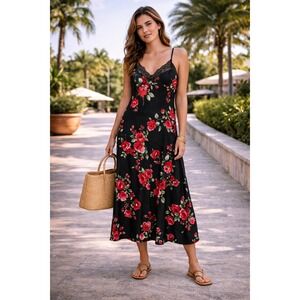 Apt. 9 Floral Lace Trim Whimsigoth Slip Dress Nightgown Women M Black Red Rose